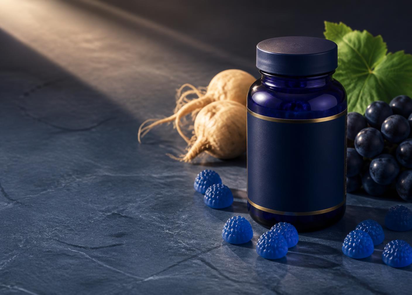 Blue wellness gummies with botanical ingredients
