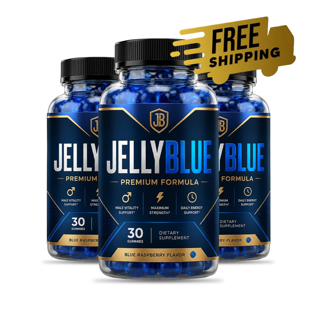 Three bottles of JellyBlue men's wellness gummies